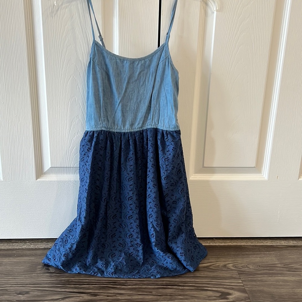Junior size M sundress with denim like top and lacey bottom. Adjustable straps.